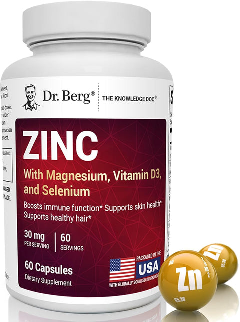Dr. Berg Zinc Çinko 30 mg 7-in-1 Immune Support with Vitamin D & Selenium for Healthy Skin, Hair & Daily Wellness 60 Caps