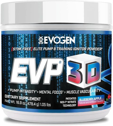 Evogen EVP 3D PreWorkout Beta Alanine Arginine Nitrate Creatine Tyrosine Dmae Lions mane Energy Pump Focus 40 Servings