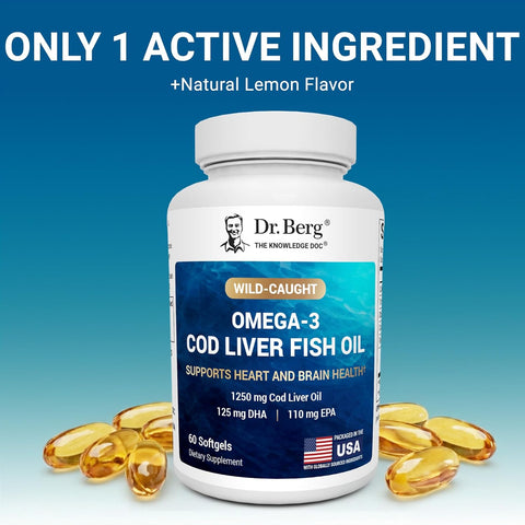 Dr. Berg Omega-3 Cod Liver Fish Oil Icelandic Cod EPA & DHA – Heart Brain Immune & Eye Support 60 Softgels