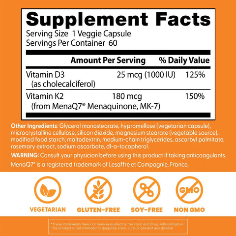 Doctor's Best Natural Vitamin K2 MK-7 Plus D3, 60 Veggie Caps