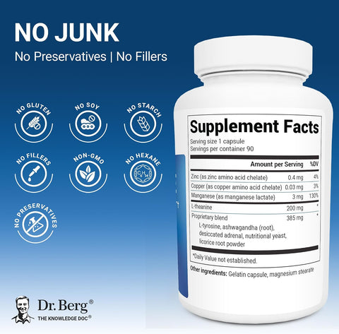 Dr. Berg L-Theanine with Ashwagandha & L-Tyrosine, Zinc & Manganese Adrenal Support Advanced 9-in-1 Adaptogen & Mineral 90 Caps