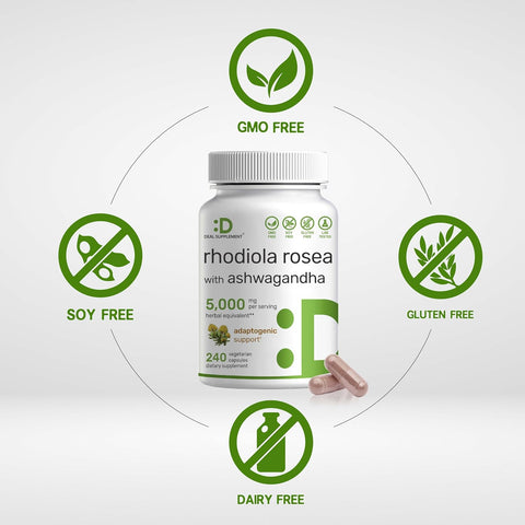 Deal Supplement Rhodiola Rosea with Ashwagandha 5,000mg Per Serving, 240 Veggie Capsules