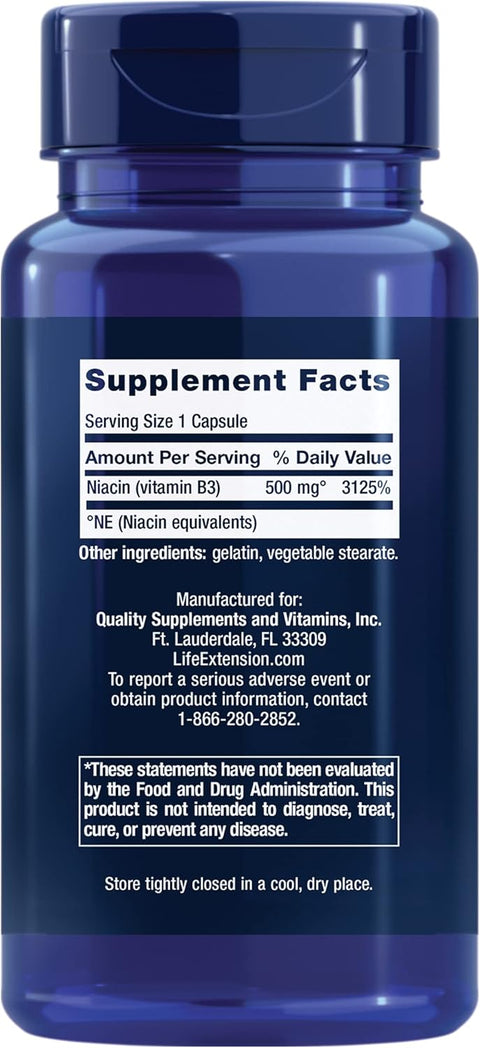 Life Extension Vitamin B3 Niacin 500 mg – 100 Capsules