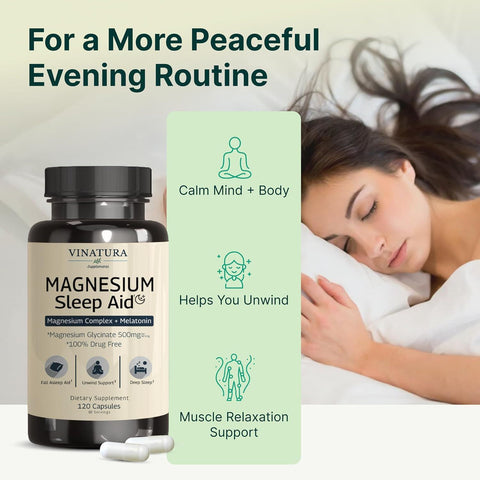 VINATURA Sleep Aid Magnesium Glycinate Complex with Melatonin with L-Theanine - 120 Caps