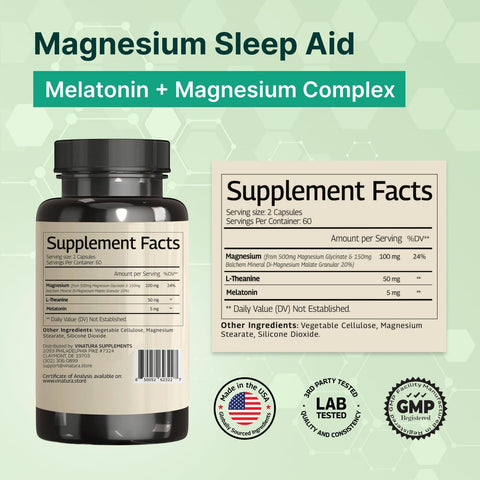 VINATURA Sleep Aid Magnesium Glycinate Complex with Melatonin with L-Theanine - 120 Caps