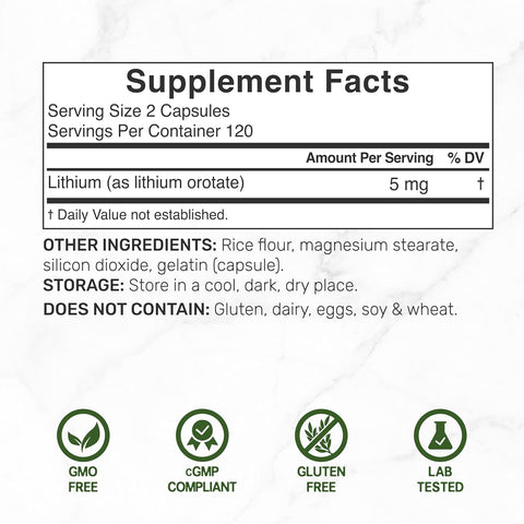 Deal Supplement Lithium Orotate asily Absorbed Mineral 5mg, 240 Caps - Lityum takviyesi