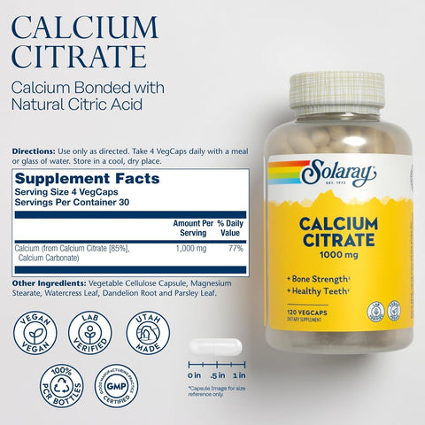 Solaray Calcium Citrate 1000mg - Chelated Calcium Supplement - Vegan - 30 Servings, 120 VegCaps