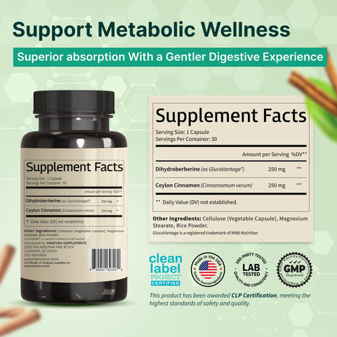 VINATURA Dihydroberberine with Ceylon Cinnamon, 500mg Patented GlucoVantage Super Berberine 30 Caps