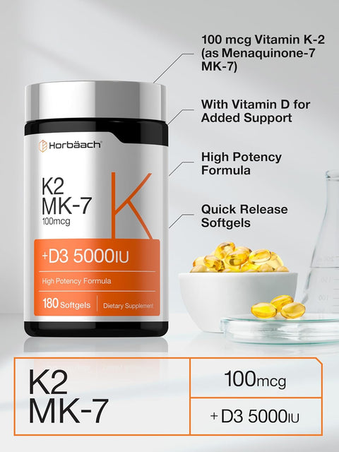 Horbäach Vitamin D3 K2 5000 iu 100mcg MK-7 Complex 180 Softgel