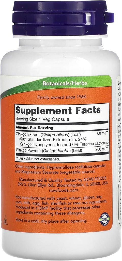 NOW Foods Ginkgo Biloba Supports Brain Health 60 mg 120 Veg Caps