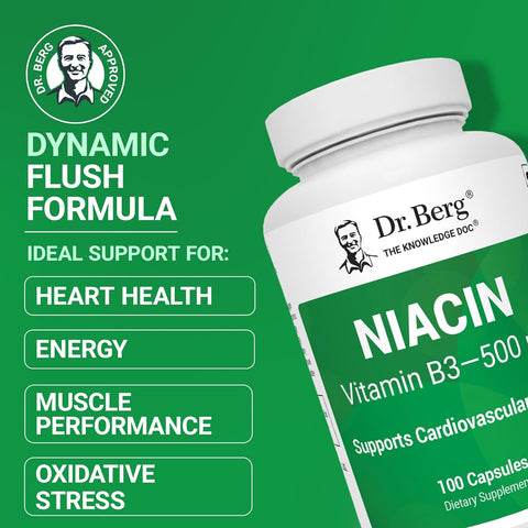 Dr. Berg Highly-Potent Niacin Flush Tolerance 500 mg Vitamin B3 for Heart Brain & Energy Support – 100 Caps