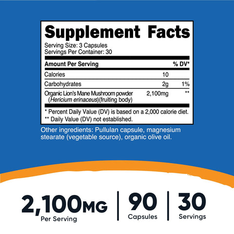 Nutricost Lion's Mane Mushroom Aslan yelesi mantarı 2100 mg 90 Capsules 700 mg per capsul