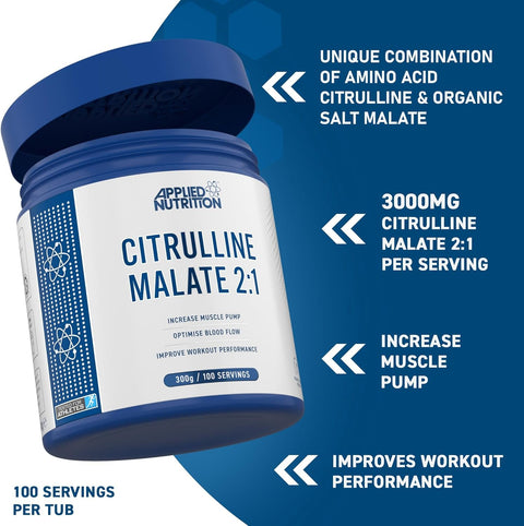 Applied Nutrition Citrulline Malate 2:1 3000mg Nitric Oxide Muscle Recovery 300 g