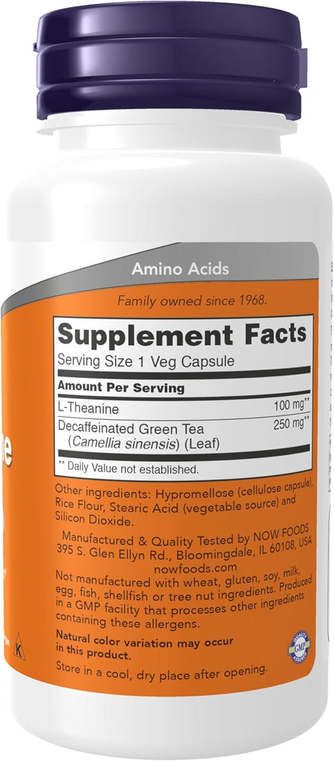 NOW Foods Supplements, L-Theanine 100 mg with Decaf Green Tea, Stress Management*, 90 Veg Capsules