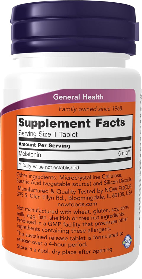 NOW Foods Supplements, Melatonin 5 mg, Sustained Release, Formulated for a 4-Hour Release Period, 120 Tablet