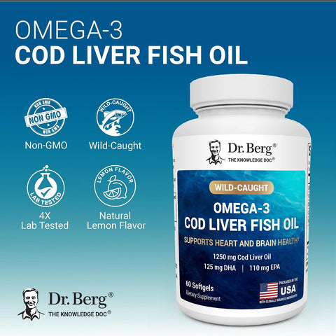 Dr. Berg Omega-3 Cod Liver Fish Oil Icelandic Cod EPA & DHA – Heart Brain Immune & Eye Support 60 Softgels