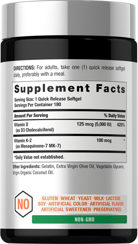 Horbäach Vitamin D3 K2 5000 iu 100mcg MK-7 Complex 180 Softgel