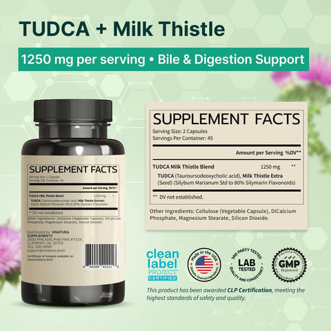 VINATURA TUDCA Milk Thistle 1250mg Bile Salts Liver Support, Gallbladder 90 Caps
