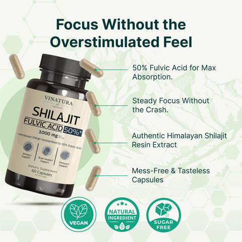VINATURA Shilajit for Men and Women Pure Himalayan Shilajit 1000mg 50% Fulvic Acid - 60 Caps