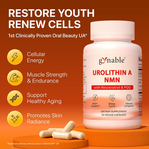 Gynable Patented Urolithin NMN Trans-Resveratrol & PQQ4-IN-1 Complex 30 Caps