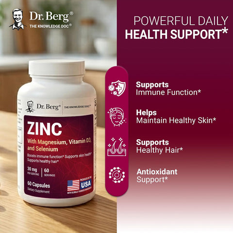 Dr. Berg Zinc Çinko 30 mg 7-in-1 Immune Support with Vitamin D & Selenium for Healthy Skin, Hair & Daily Wellness 60 Caps