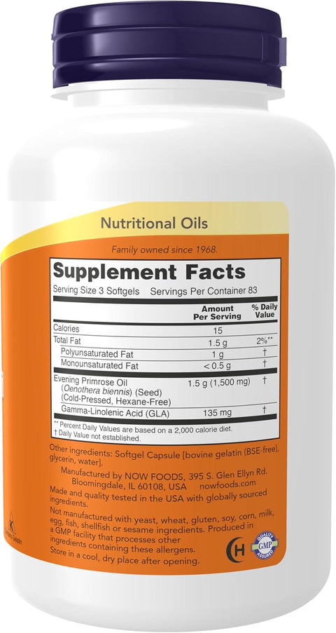 NOW Foods Evening Primrose Oil 500 mg with Naturally Occurring GLA (Gamma-Linolenic Acid), 250