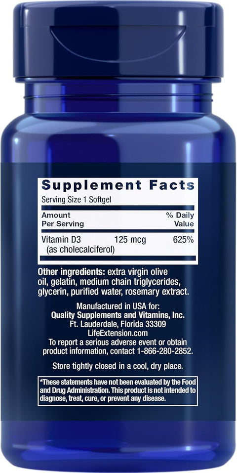 Life Extension Vitamin D3 5000 IU Bone Health Brain Immune System Support 60