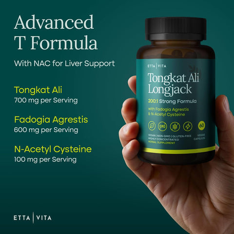 Etta Vita Test Booster for Men with 200:1 longjack Tongkat Ali Fadogia Agrestis & NAC liver support detox & cleanse 60 Vegan Caps