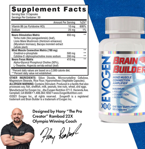 Evogen Brain Builder Neuro Mind Boosts Focus Concentration & Connection Lions Mane Bacopa Monnieri Alpha-GPC 90 Caps