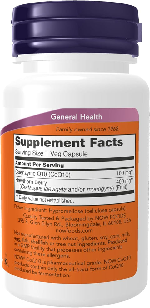 NOW Foods CoQ10 100 mg with Hawthorn Berry Cellular Energy Production 30 Veg Caps