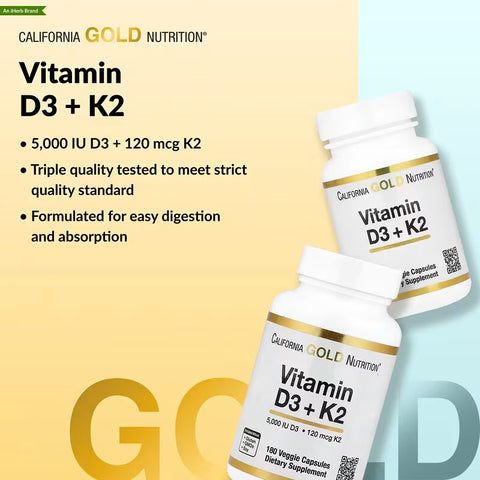 California Gold Nutrition Vitamin D3 + K2 MK7 180 Veggie Caps