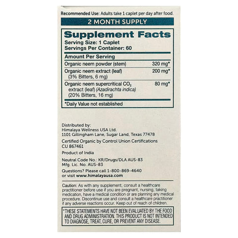 Himalaya Organic Neem Detox & Immune Reduces Mild Acne & Skin Blemishes 60 Caplets