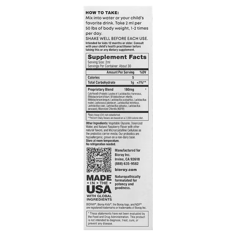Bioray Kids NDF Tummy 11-Strain Children's Probiotics Blend Raspberry 2 fl oz 60 ml