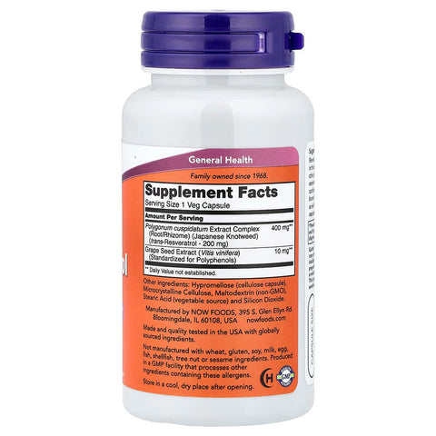 NOW Foods Resveratrol Grape Seed Extract Antioxidants Brain & Cognitive 200 mg 60 Veg Caps