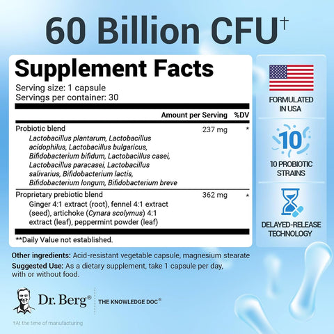 Dr. Berg Probiotic Digestive Health Lactobacillus 60 Billion CFUs 30 Caps