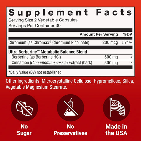 Force Factor Ultra Berberine, 500mg Chromium & Cinnamon 60 Vegetable Capsules