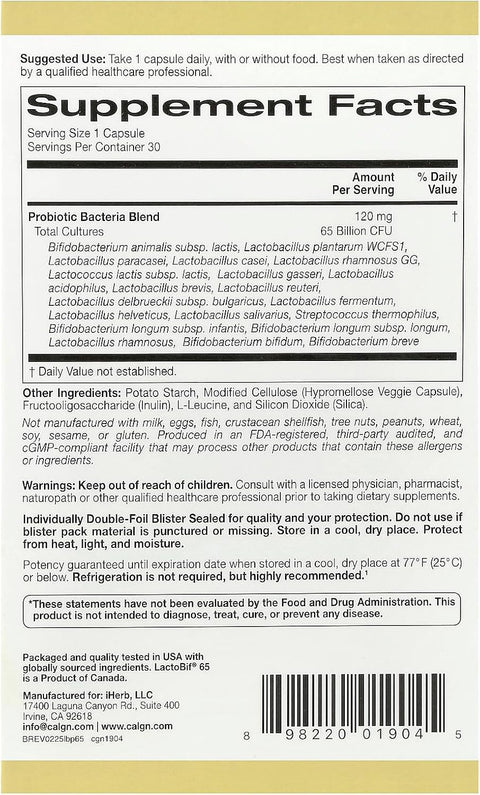 California Gold Nutrition LactoBif 65 Probiotics 30 Veggie Capsules