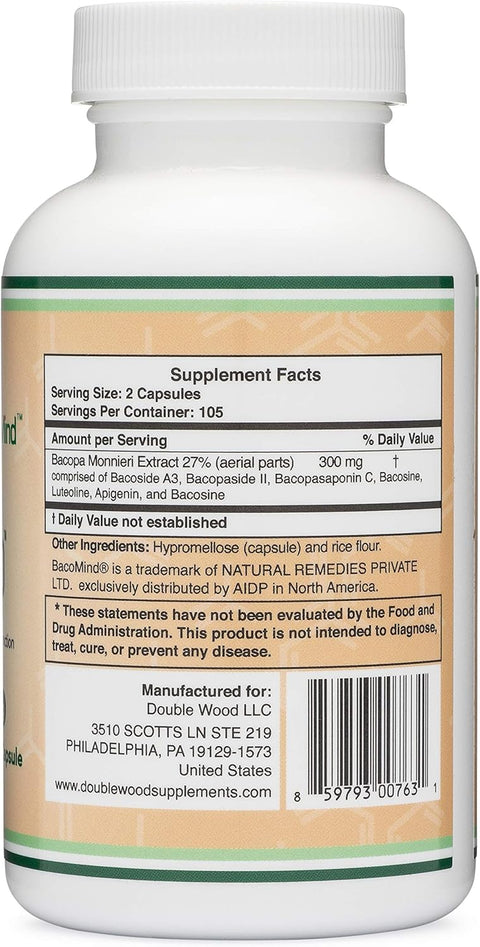 Double Wood BacoMind  210 Vegan Capsules, Promotes Learning and Memory, Reduces Anxiety