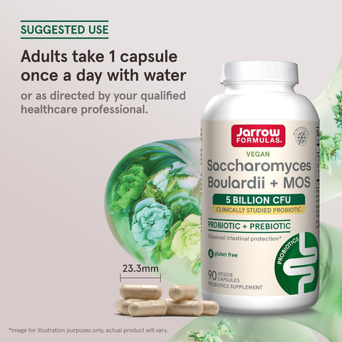 Jarrow Formulas, Vegan Saccharomyces Boulardii Probiyotik + Prebiyotik MOS, 5 Billion CFU, 90 Veggie Caps