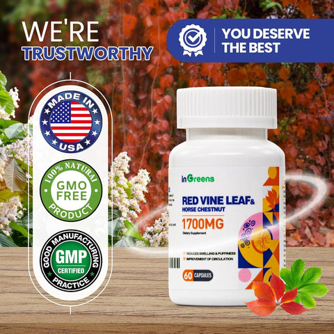 inGreens Red Vine Leaf Extract 1700mg & Horse Chestnut Extract Supports Vein Skin Health 60 Caps