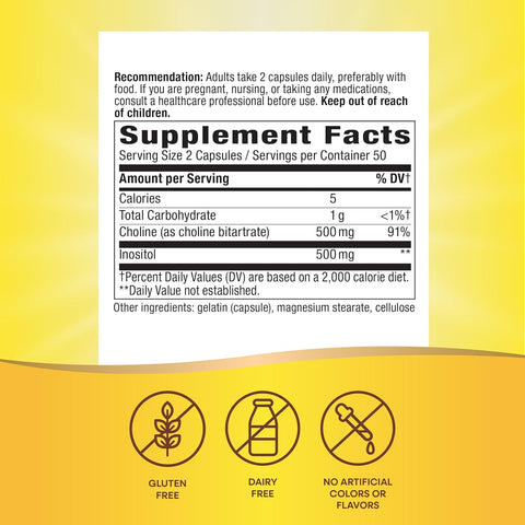 Nature's Way Choline(Kolin) & Inositol, Supports Brain Health & Cellular Energy 100 Caps