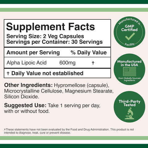 Double Wood Alpha Lipoic Potent Antioxidant for Neuropathy and Cardiovascular Health 600 Mg 60 Caps