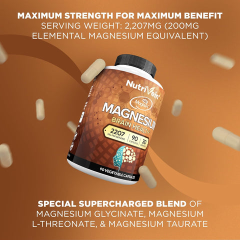 Nutrivein Magtein Magnesium L-Threonate Glycinate Taurate Brain Sleep Mood Recovery 2207 mg 90 Caps