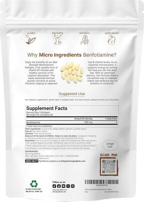 Micro Ingredients Vitamin B1 Benfotiamine 600mg Per Serving, 240 Coconut Oil Softgels