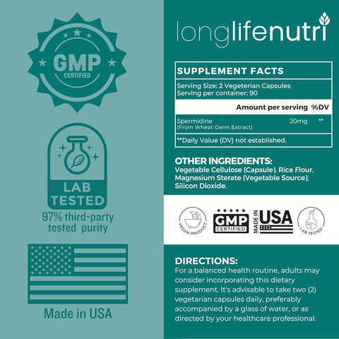 LongLifeNutri Spermidine Cellular Health & Brain 20mg 180 Veg Caps