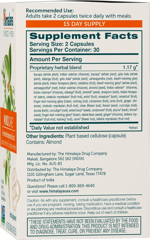 Himalaya MindCare Nootropic Herbal Brain for Memory and Focus Bacopa Ashwagandha 60 Caps