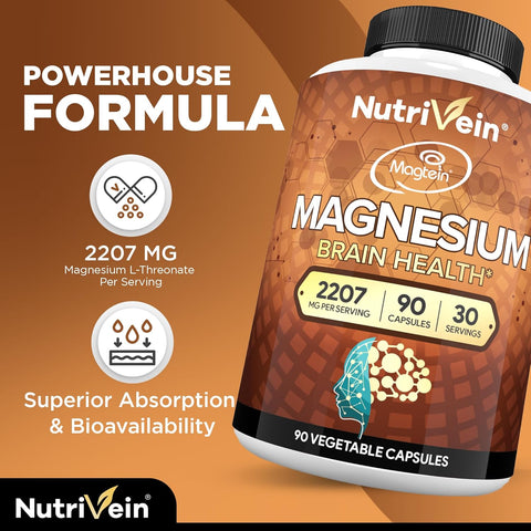 Nutrivein Magtein Magnesium L-Threonate Glycinate Taurate Brain Sleep Mood Recovery 2207 mg 90 Caps