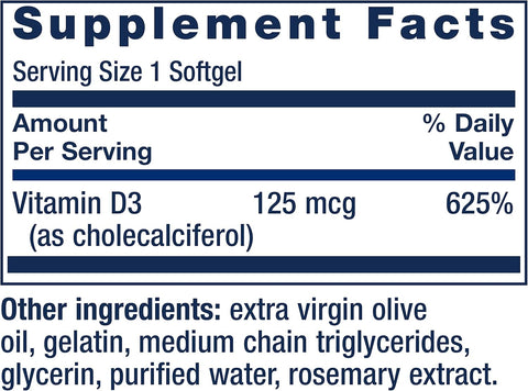 Life Extension Vitamin D3 5000 IU Bone Health Brain Immune System Support 60