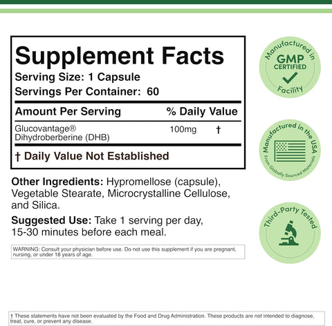 Double Wood Dihydroberberine Patented GlucoVantage Berberine 100mg 60 Caps