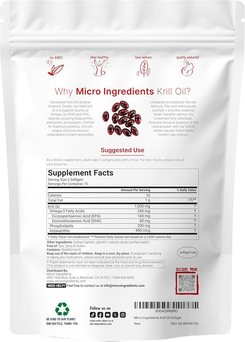 Micro Ingredients Antarctic Krill Oil Astaxanthin Omega-3s EPA & DHA 1000mg 150 Soft-Gels
